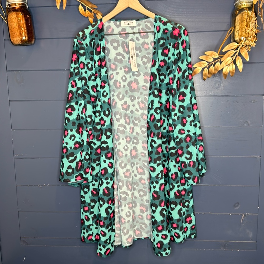 CRAZY TRAIN Turquoise & Hot Pink Leopard Kimono Sz L/XL